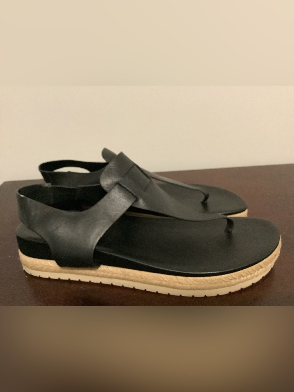 Vince Flint Black Leather T-Strap Espadrille Flatform Sandals - Picture 2 of 8
